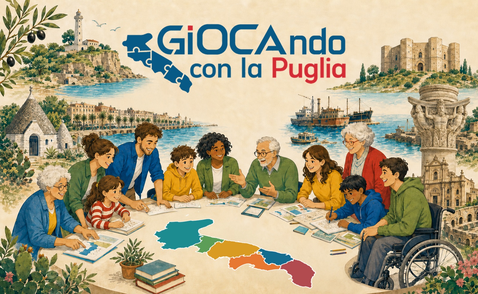 Illustrazione: persone di età diverse, tra cui un ragazzo in sedia a rotelle, giocano intorno a un tavolo con la mappa della Puglia divisa nelle sei province; intorno, scorci illustrati di trulli, mare e monumenti.